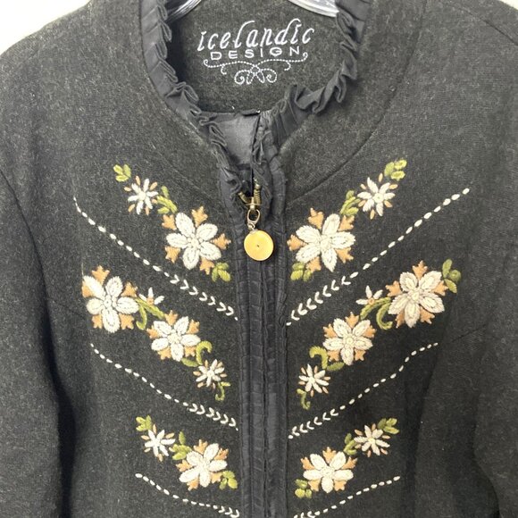 Icelandic Women's Wool Gray Jacket Floral Embroidery Zipper Closure Size XL - Picture 3 of 10